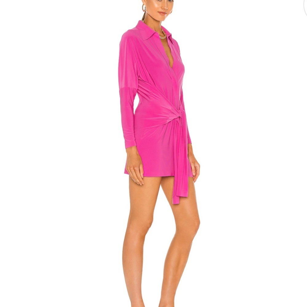 Norma Kamali Tie Front NK Shirt Mini Dress Orchid Pink XL - Picture 2 of 4